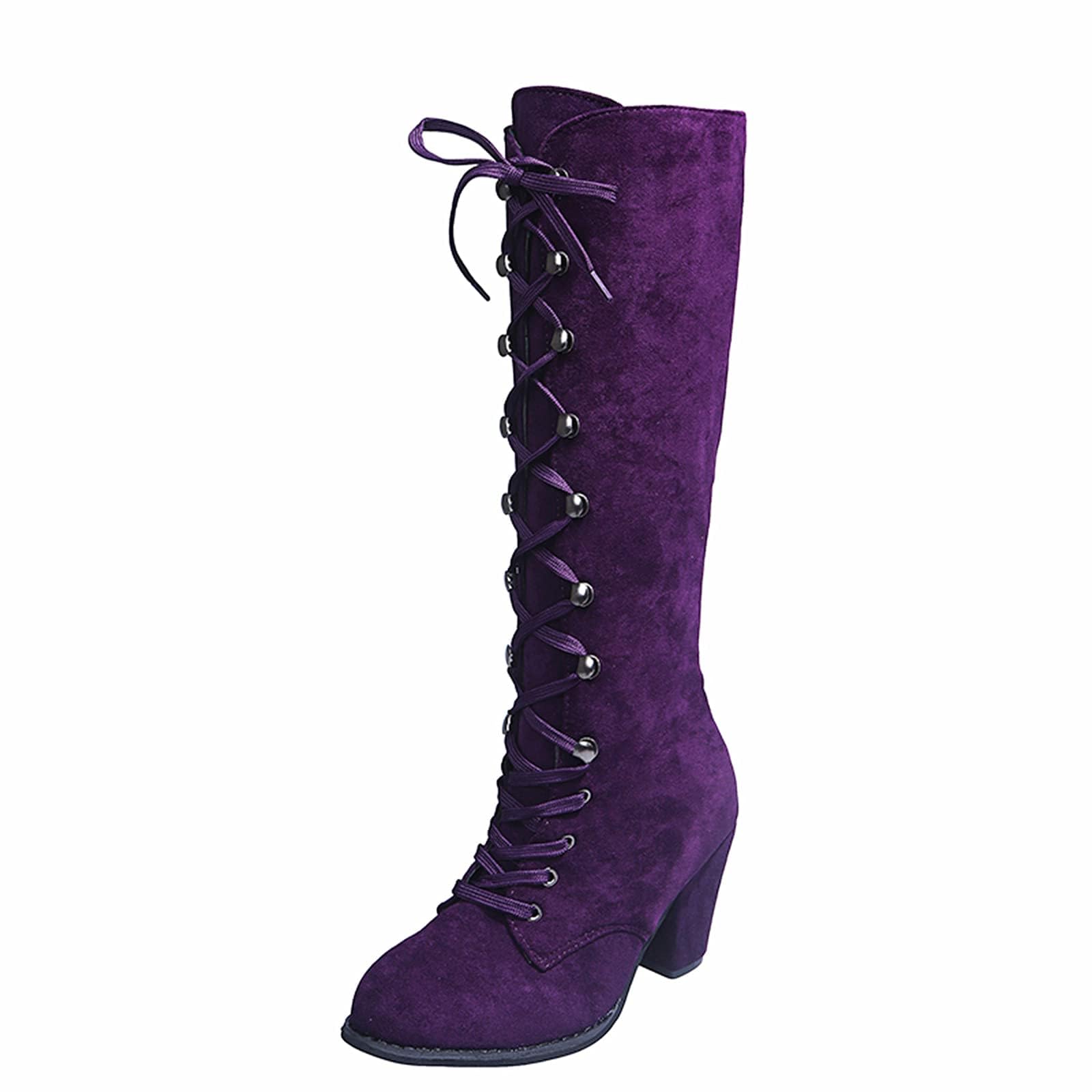 SACFOF Womens Suede Knee High Boot Ladies Lace up High Chunky Heeled Winter Boots Combat Riding Military Boots for Women