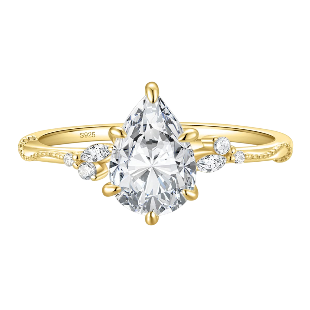 EAMTI 2CT 925 Sterling Silver Engagement Rings Pear Cut Gold Wedding Teardrop Bridal Rings Halo Cubic Zirconia Promise Rings for Women Size 7.5