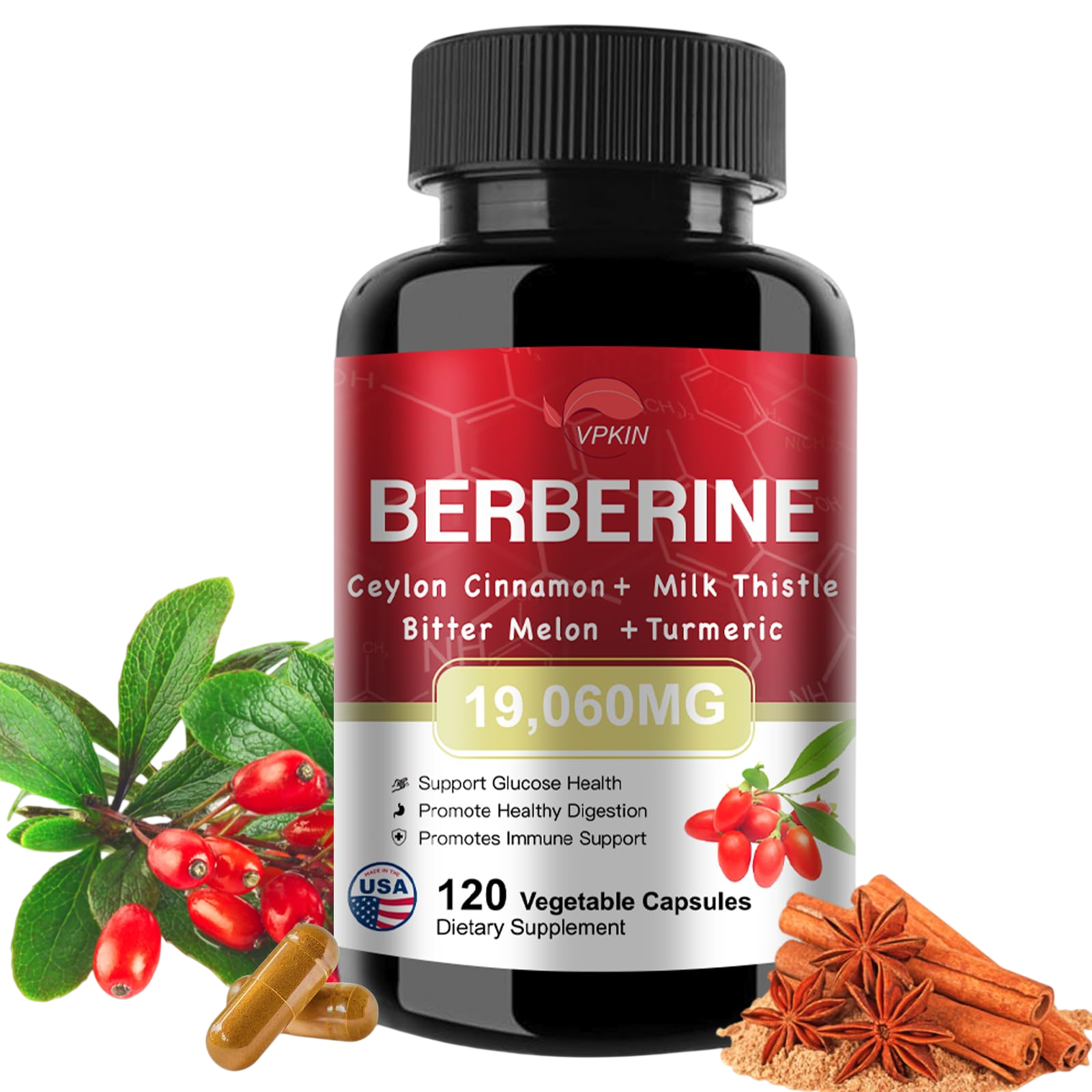 Vpkin Berberine Supplement 19060Mgberberine With Ceylon Cinnamonbitter Melonmilk Thistleberberine Hcl Supplement120 Capsules