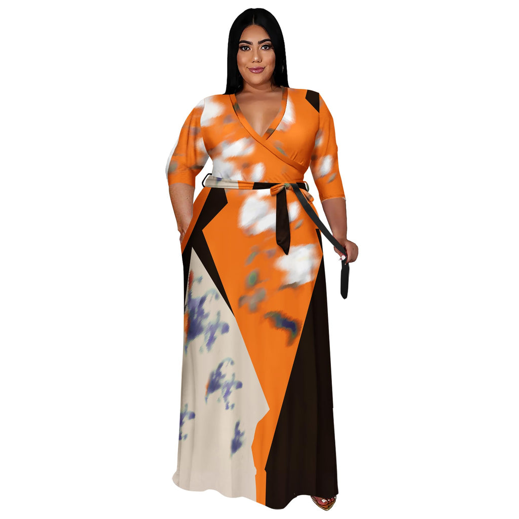Runwind Plus Size Dresses for Women Floral Maxi Dress Flowy 3/4 Sleeve with Belt Orange Black