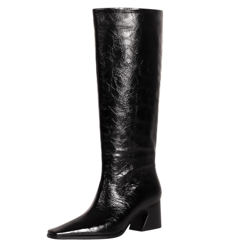 Comjuy 2 Black Textured Knee High Boots Women Low Heel Kitten Heel Knee High Boots For Women Pull On With Block Heel Square Toe Flat Tall Boots Riding Boots Women Gogo Boots Faux Leather Size 6