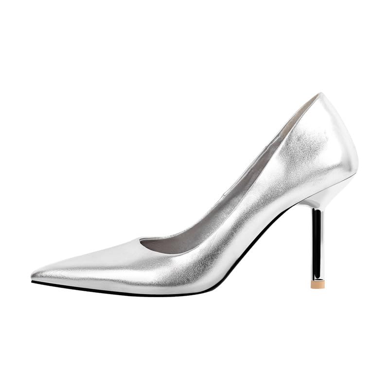 Stiletto Heels for Women Pumps Slip On Stilettos Mid Slim Heeled Pumps Stiletto Kitten Heels Closed Pointed Toe Heels Metallic Pumps for Wedding Prom Casual Work Party Dress Shoes Silver Size 14