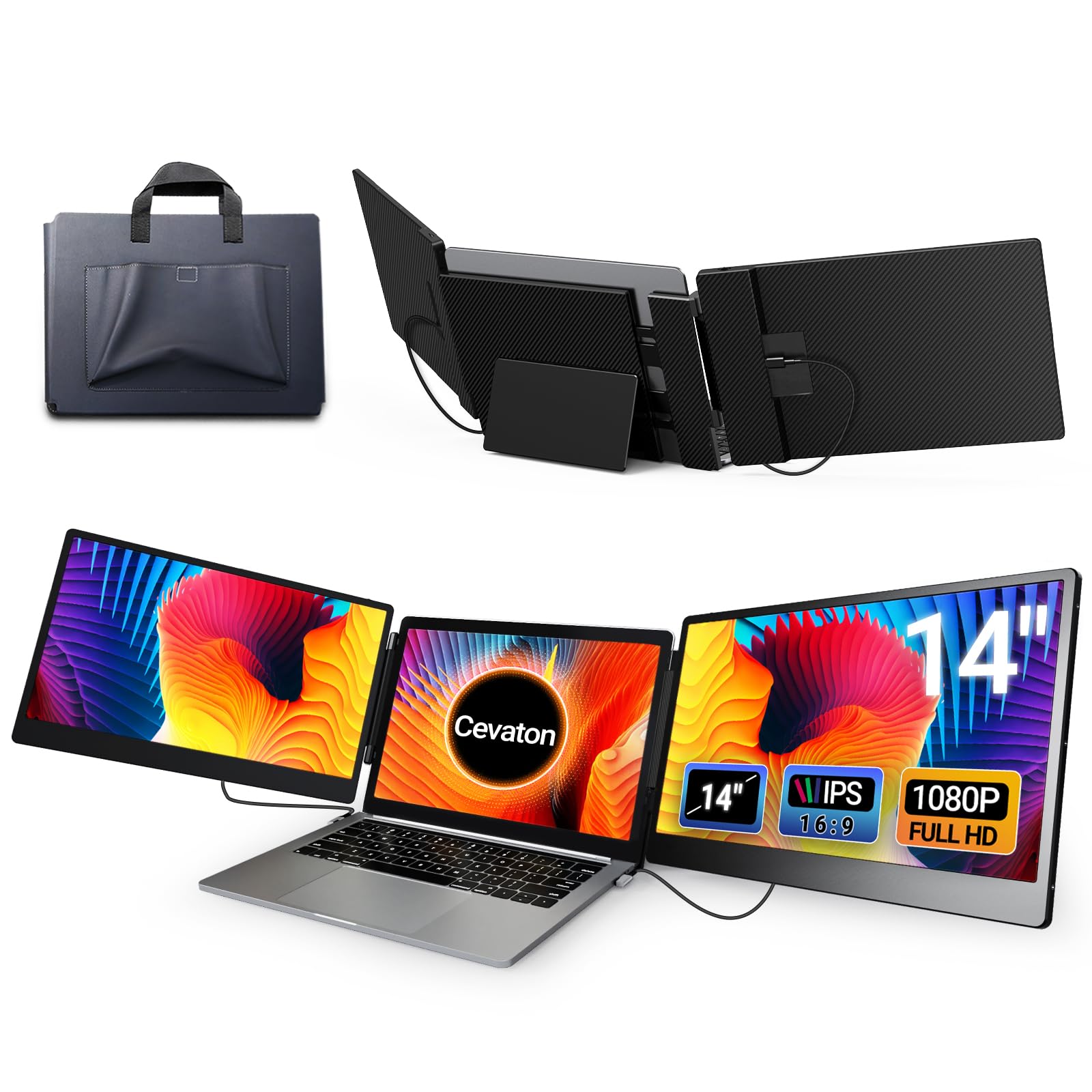 Cevaton Portable Monitor 14” FHD 1080P IPS Laptop Screen Extender Fit for 13-17" Laptop Build-in Stand Plug and Play Laptop Monitor Extender Compatible with Mac Wins Dex Chrome.