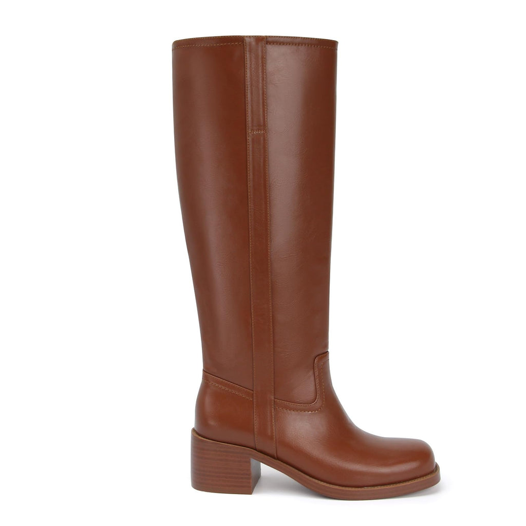 Gothictor Brown Knee High Boots for Women Comfortable Chunky Heel Square Toe Riding Moto Tall Boots Wide Calf