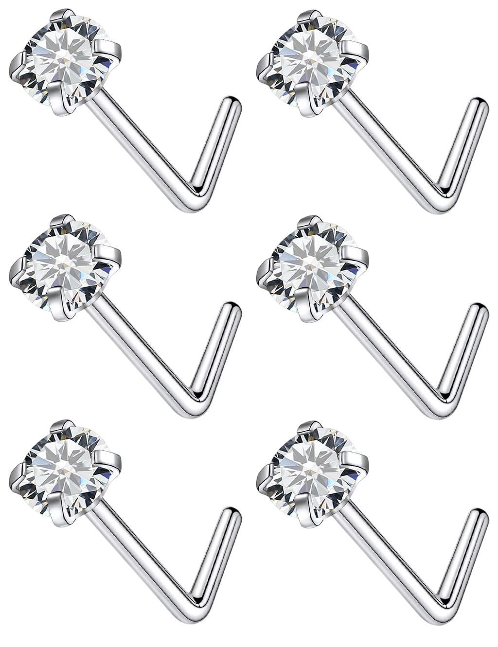 Qiwnswoy 22G Stainless Surgical Steel Nose Rings Studs for Women L Shaped Nose Rings Studs Nostrial Piercing Jewerly 3mm Diamond CZ Nose Rings Studs for Women Men Silver