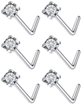 Qiwnswoy 22G Stainless Surgical Steel Nose Rings Studs for Women L Shaped Nose Rings Studs Nostrial Piercing Jewerly 3mm Diamond CZ Nose Rings Studs for Women Men Silver