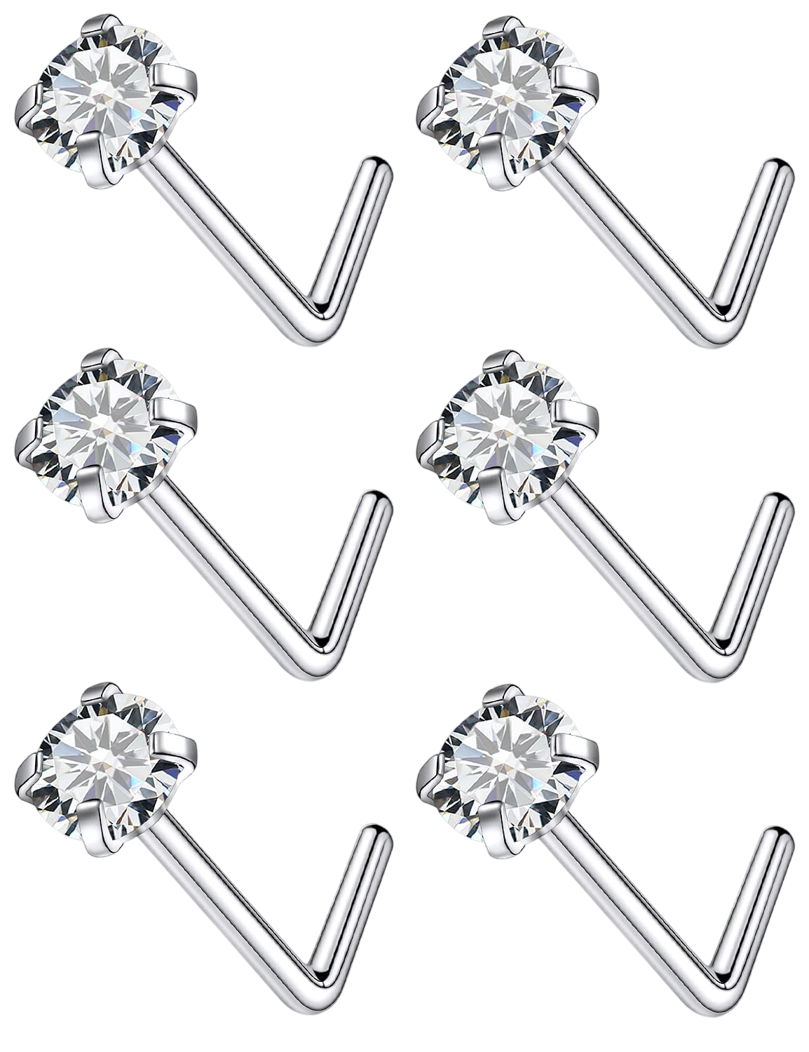 Qiwnswoy 22G Stainless Surgical Steel Nose Rings Studs for Women L Shaped Nose Rings Studs Nostrial Piercing Jewerly 3mm Diamond CZ Nose Rings Studs for Women Men Silver