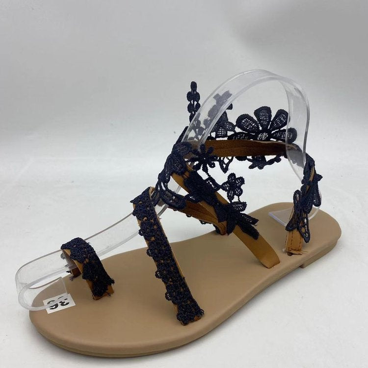 Floral Round Toe Low-Heel Flat Sandals