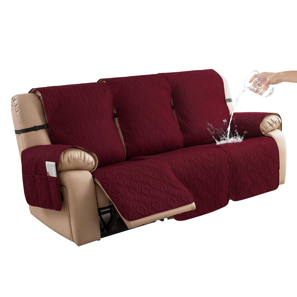Genina Waterproof Couch Cover for Reclining Couch 3 Seater Non-Slip Washable Recliner Sofa Covers for 3 Cushion Couch Furniture Covers Couch Protector for Dogs Pets Kids (Wine Red Recliner Sofa)