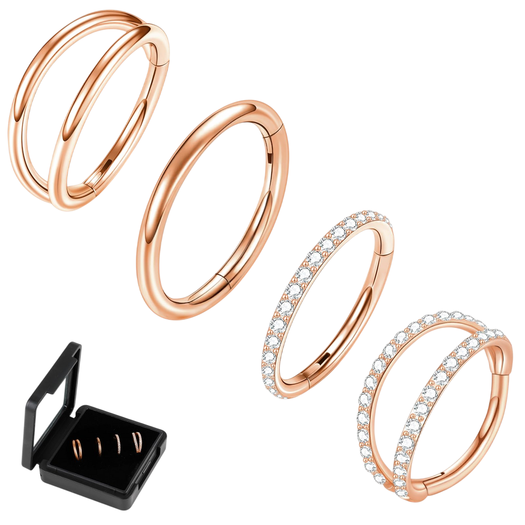 ONESING 316L Surgical Stainless Steel Nose Rings Hoops 4 Pcs 16G Hoop Nose Rings for women Hinged Nose Piercing Jewelry Hypoallergenic Cartilage Earrings Septum Rings Rose Gold 7mm