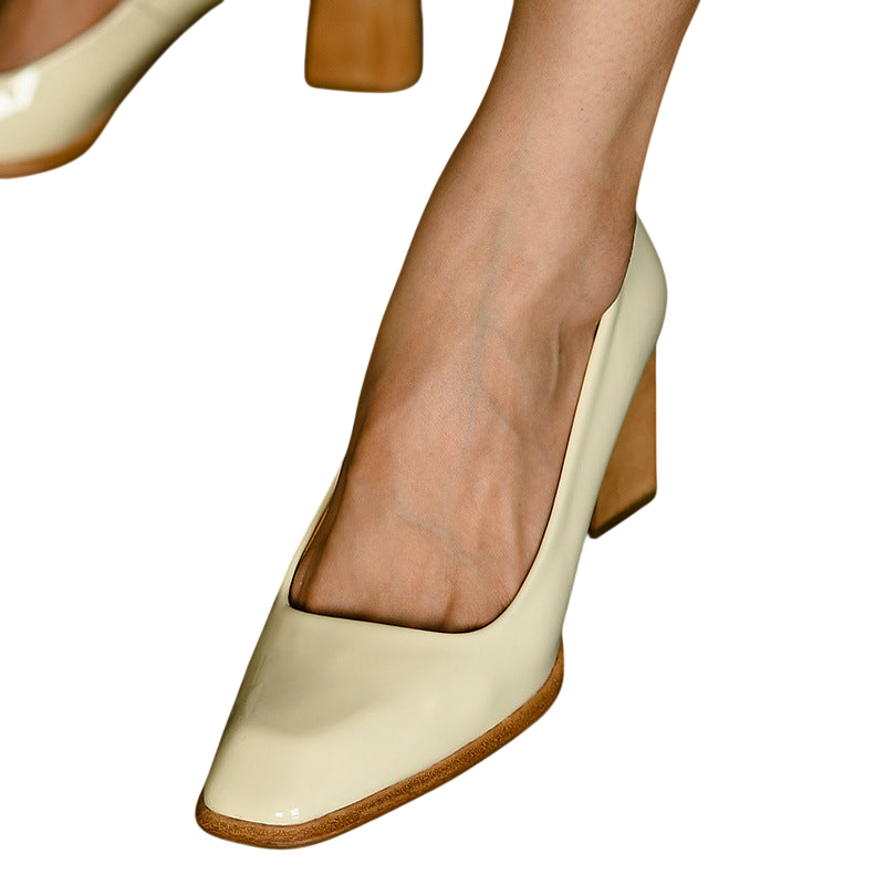 Womens Ivory Patent Leather Chunky Heel Pumps