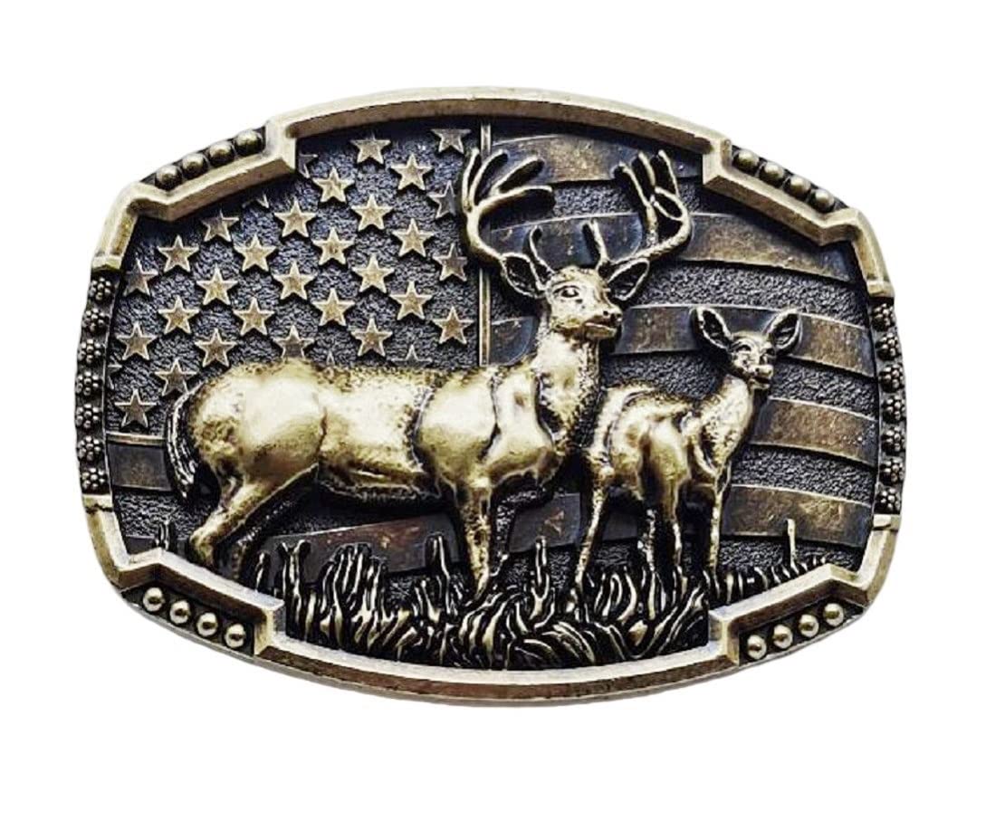 Longcreek Deer Belt Buckle for Men Patriotic American flag Deer Belt Buckle Elk Deer Belt Buckle Norse Viking Deer Head Belt Buckle Punk Deer Belt Buckle Western Cowboy Belt Buckle(Gold)
