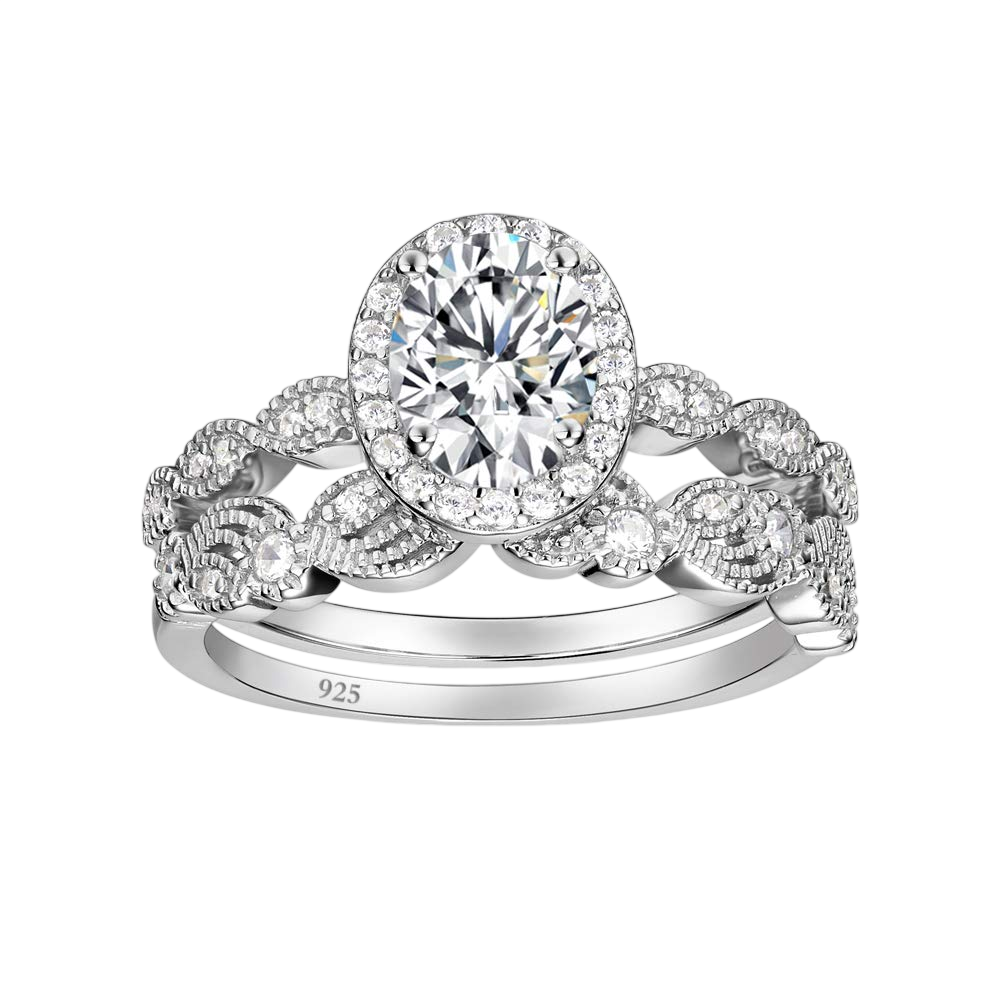 EAMTI 1.5CT 925 Sterling Silver Bridal Rings Sets Oval Cubic Zirconia Halo CZ Engagements Rings Wedding Bands for Women Promise Rings for her Size 8.5