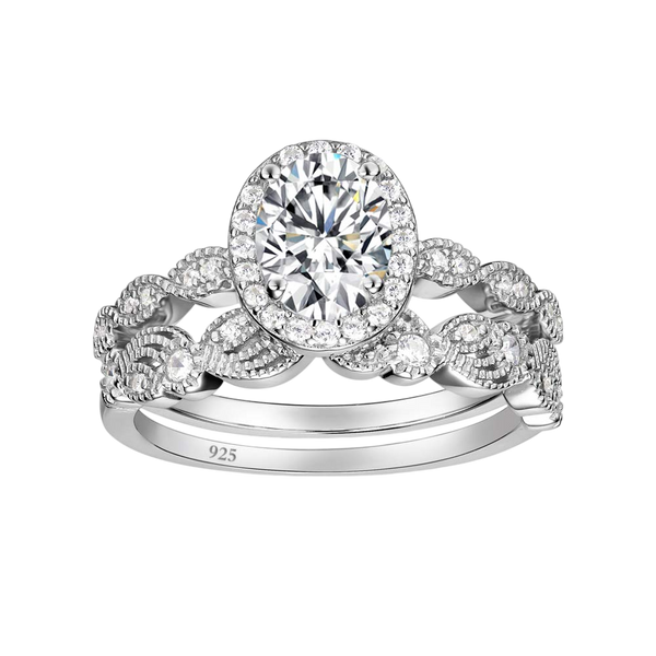 EAMTI 1.5CT 925 Sterling Silver Bridal Rings Sets Oval Cubic Zirconia Halo CZ Engagements Rings Wedding Bands for Women Promise Rings for her Size 8.5