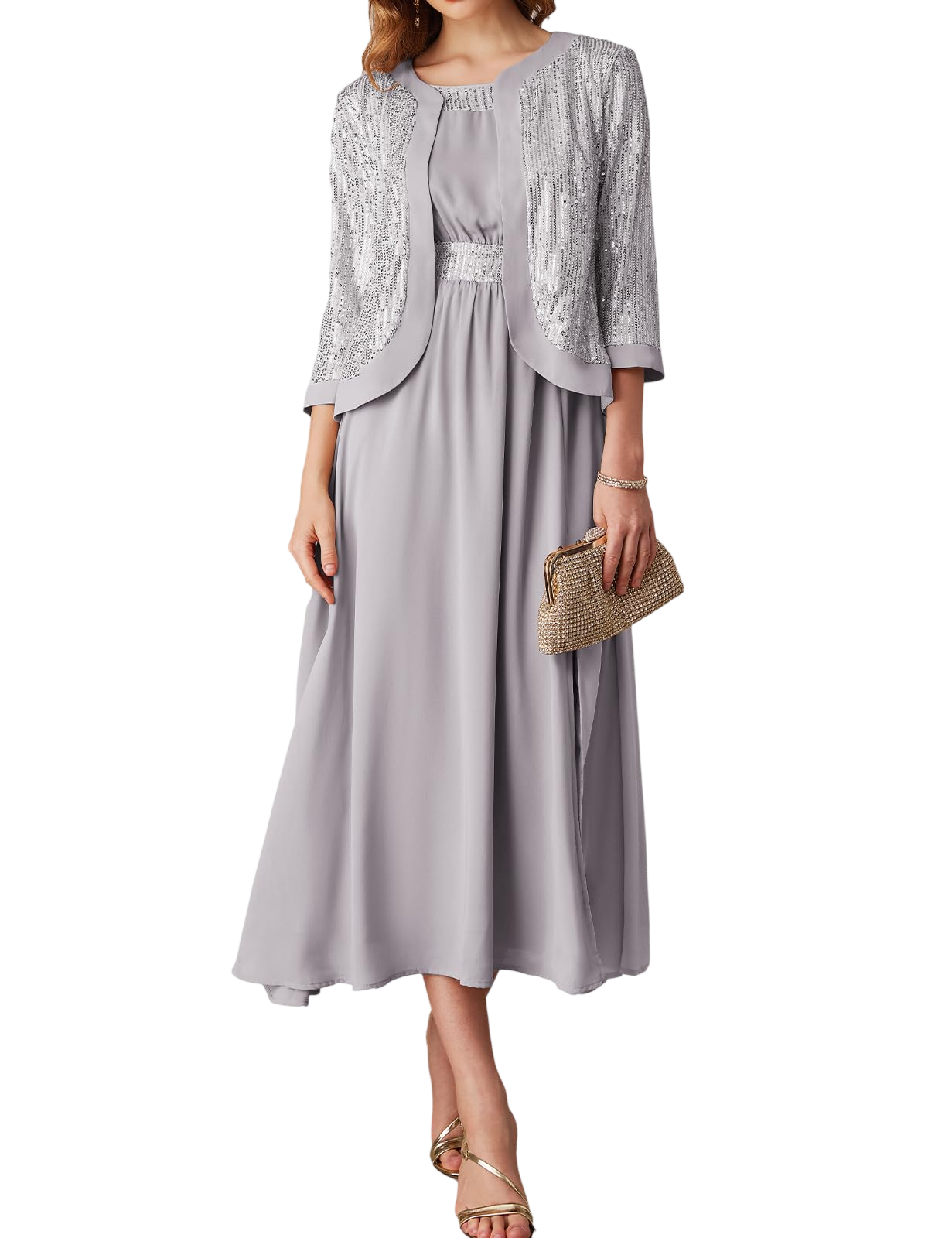 Womens Formal Dresses For Wedding Guest Mother Of The Bride Dresses Sparkly Sequin Dresses Shiny Two Piece Dress Silver White
