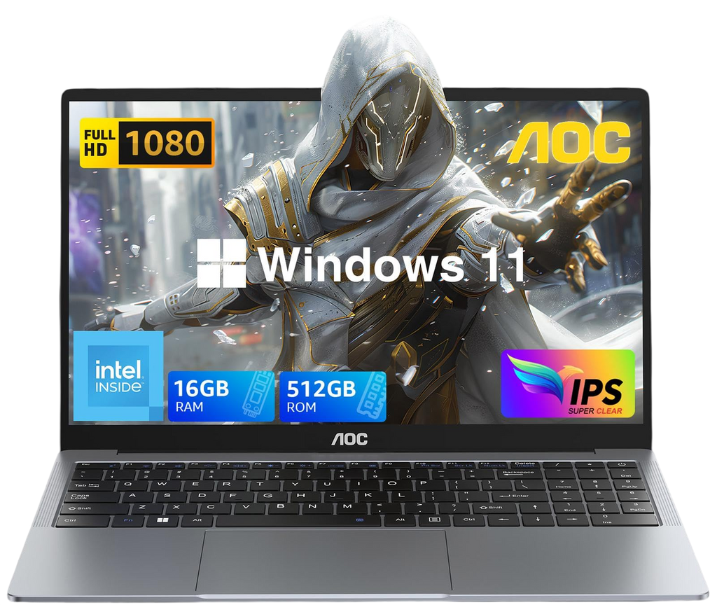 AOC Laptop Computer with N97 Processor(Up to 3.6GHz) 16GB RAM 512GB SSD Laptop 15.6 Inch FHD Screen Gaming Laptops Windows 11 Laptop Computer Light&Thin Metal Shell Webcam Type-C USB3.2 Grey
