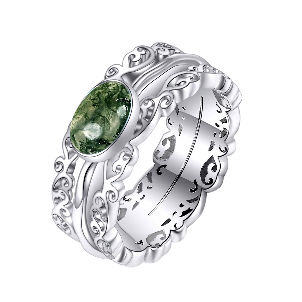 VONALA Naturl Gemstone Fidget Rings for Anxiety 925 Sterling Silver Moss Agate Rings for Women Anti Stress Mood Rings Gifts Band Wide 6#