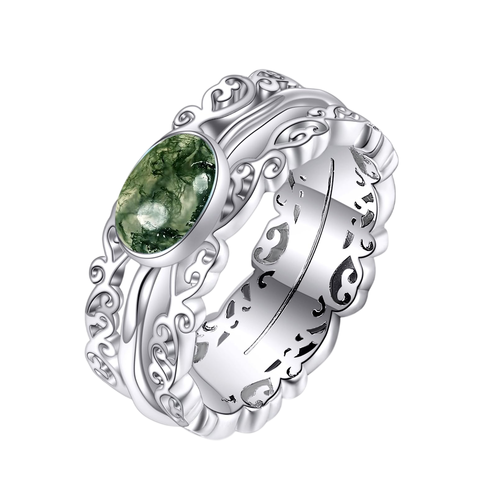 VONALA Naturl Gemstone Fidget Rings for Anxiety 925 Sterling Silver Moss Agate Rings for Women Anti Stress Mood Rings Gifts Band Wide 6#