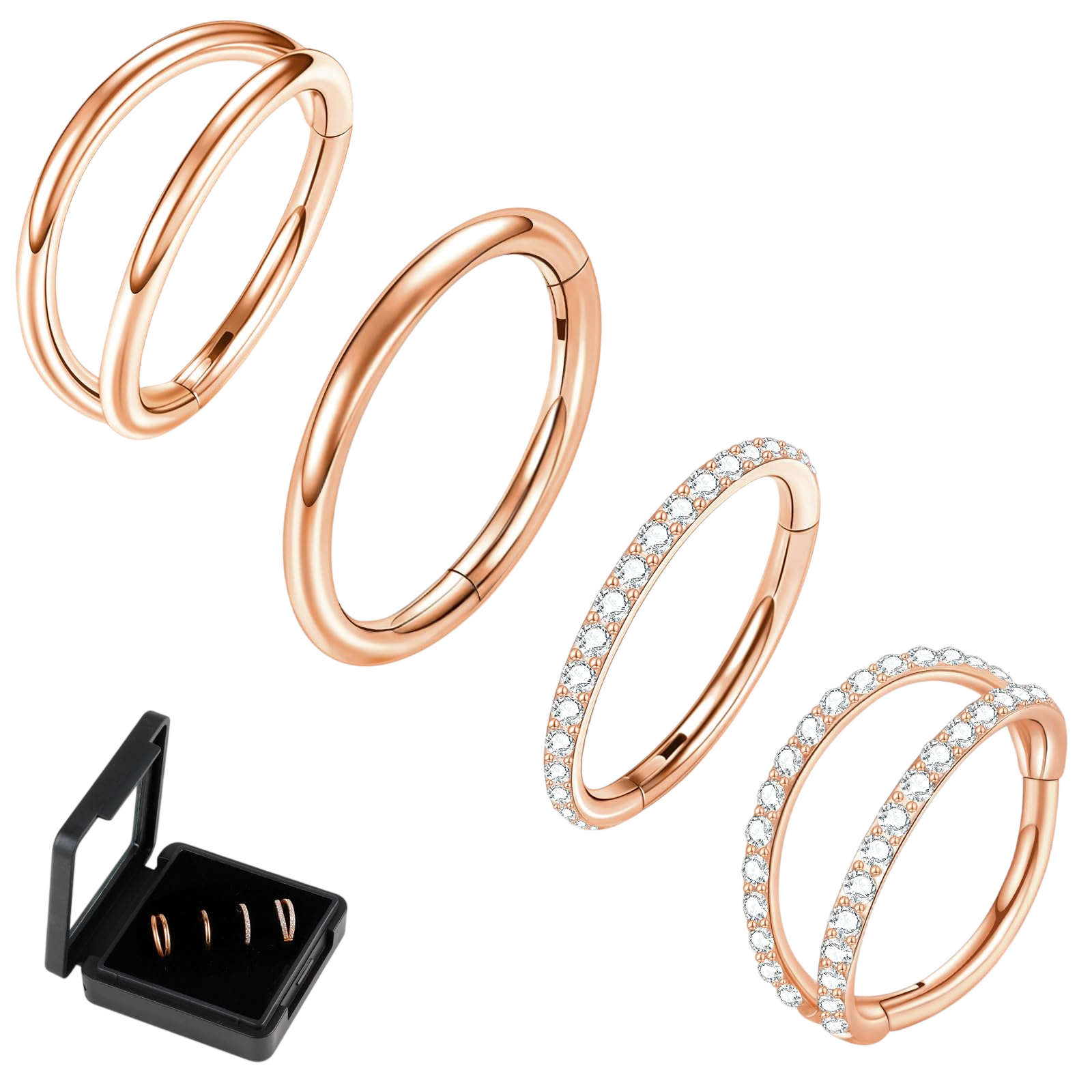 ONESING 316L Surgical Stainless Steel Nose Rings Hoops 4 Pcs 16G Hoop Nose Rings for women Hinged Nose Piercing Jewelry Hypoallergenic Cartilage Earrings Septum Rings Rose Gold 7mm