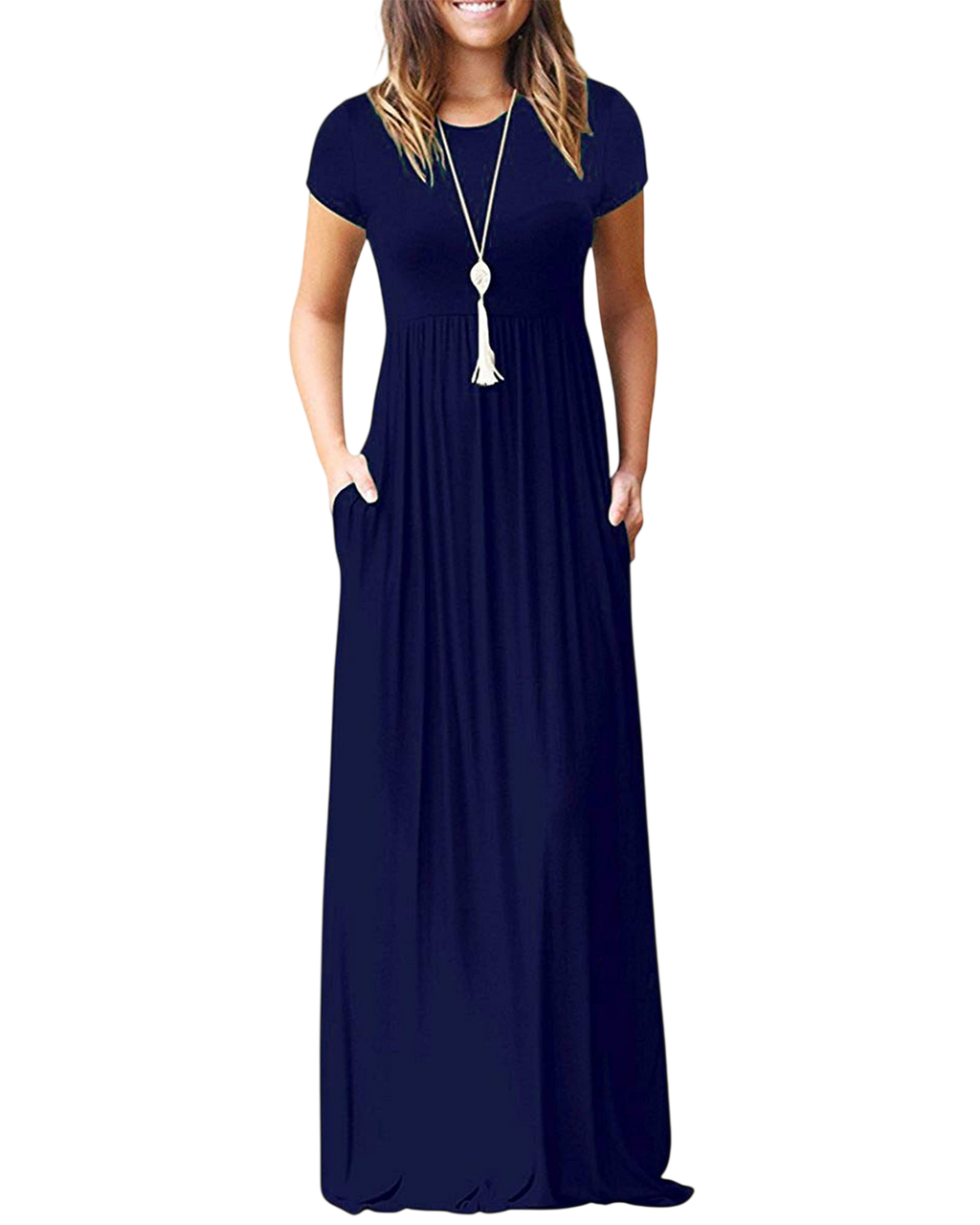 Misfay Women Short Sleeve Loose Plain Maxi Dresses Casual Long Dresses Pocketsnavy Blues