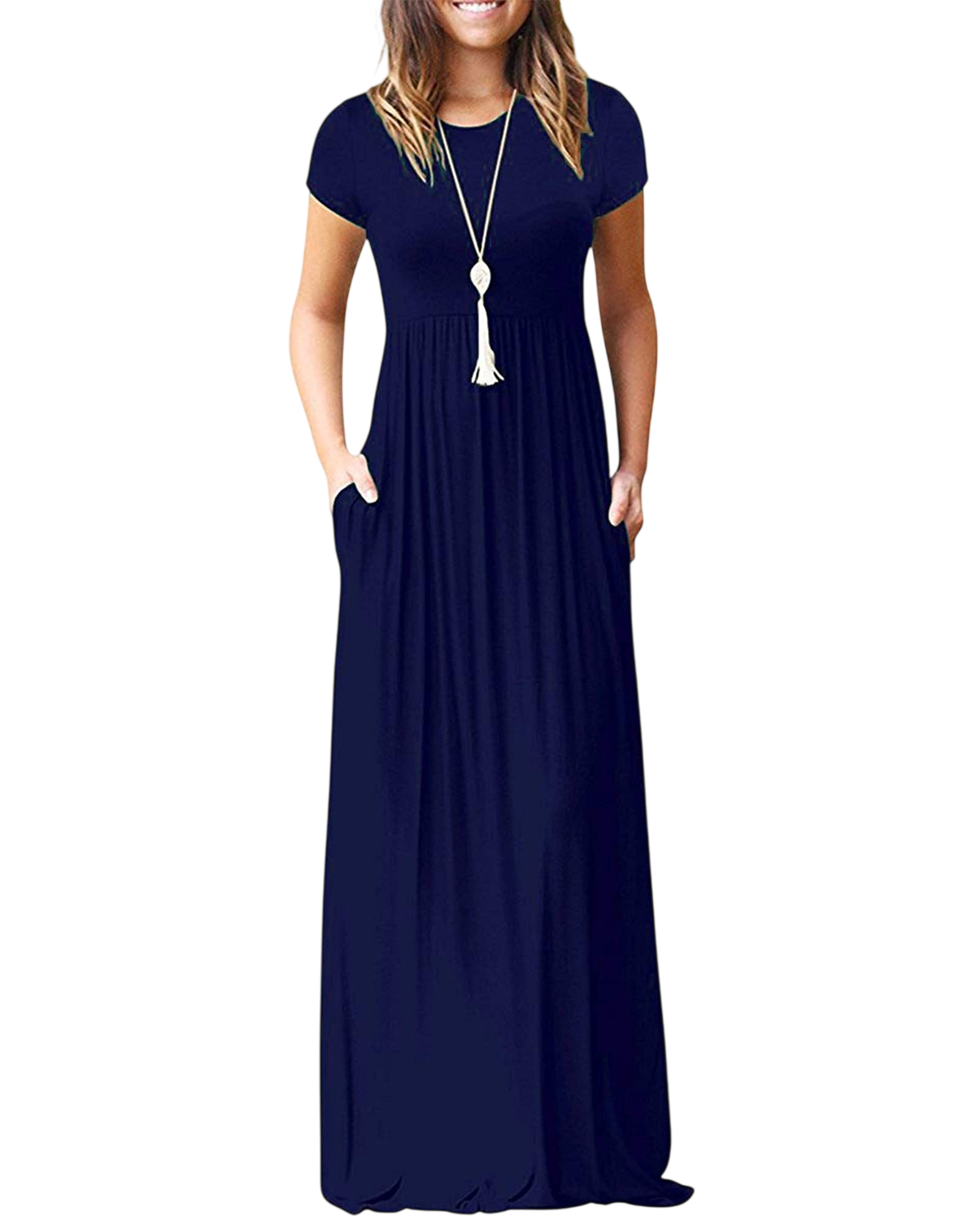 Misfay Women Short Sleeve Loose Plain Maxi Dresses Casual Long Dresses Pocketsnavy Blues