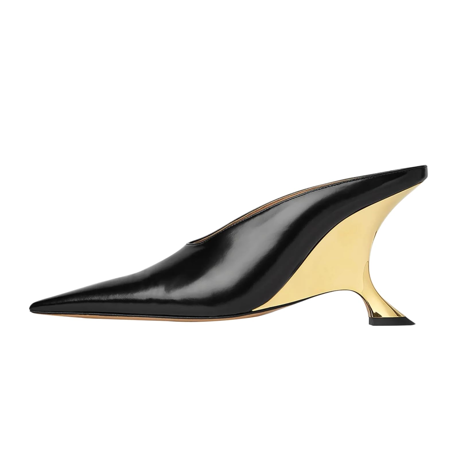 Vertundy Womens Metallic High Heeled Mules Wedge Heels Pointed Toe Backless Slide Pumps Slip On Dress Patent Leather Mule Ladies Black Gold