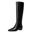Beauty Cry Black Square Toe Flat Knee High Boots For Women Chunky Low Heel Leather Riding Boots With Side Zipper