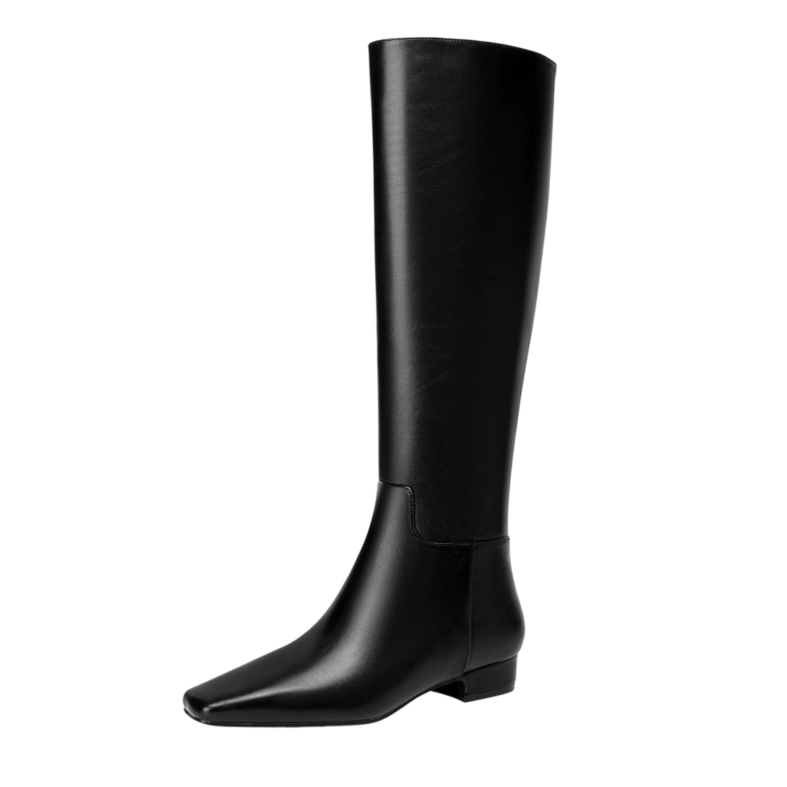 Beauty Cry Black Square Toe Flat Knee High Boots For Women Chunky Low Heel Leather Riding Boots With Side Zipper