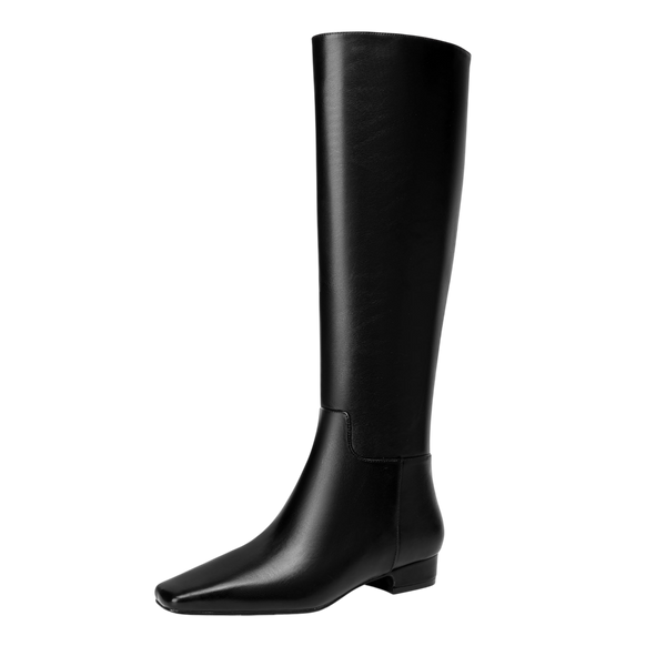 Beauty Cry Black Square Toe Flat Knee High Boots for Women Chunky Low Heel Leather Riding Boots With Side Zipper