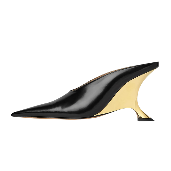 Vertundy Womens Metallic High Heeled Mules Wedge Heels Pointed Toe Backless Slide Pumps Slip On Dress Patent Leather Mule Ladies Black Gold