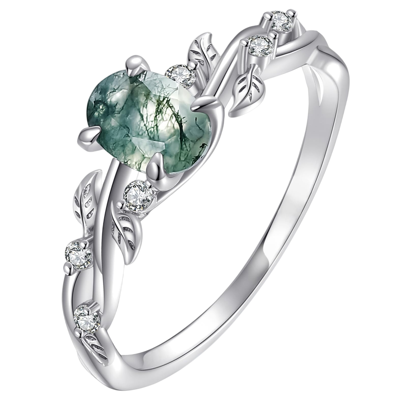 IRROYA Moss Agate Wedding Rings 1.5CT Oval Cut 6x8mm Unique Leaf Shaped Womens Engagement Rings Platinum Plated 925 Sterling Silver Womens Promise rings Gifts for her(4)