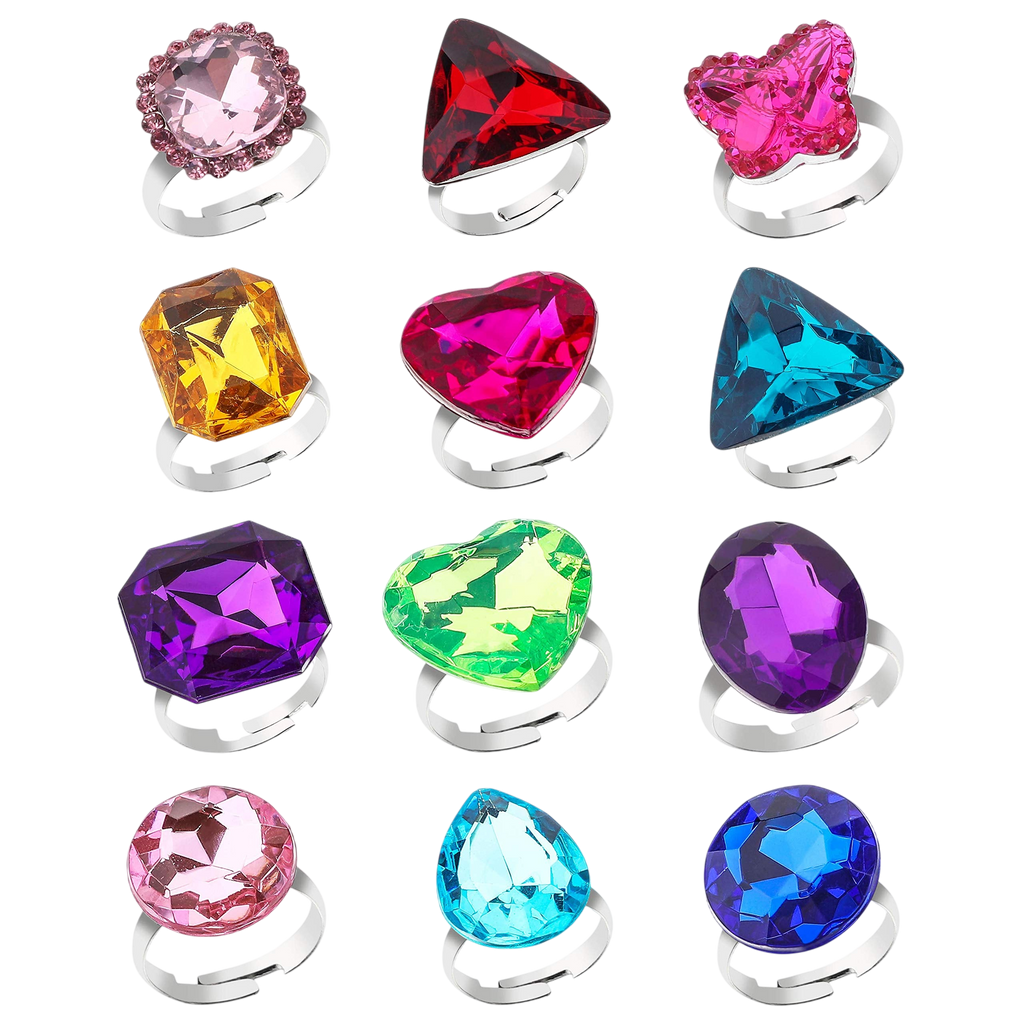 RICHNESS Adjustable Little Girl Jewel Rings Kids Gift Play Rings Multi Shapes Colorful Princess Pretend Jewel Rings Box Packed 12pcs …
