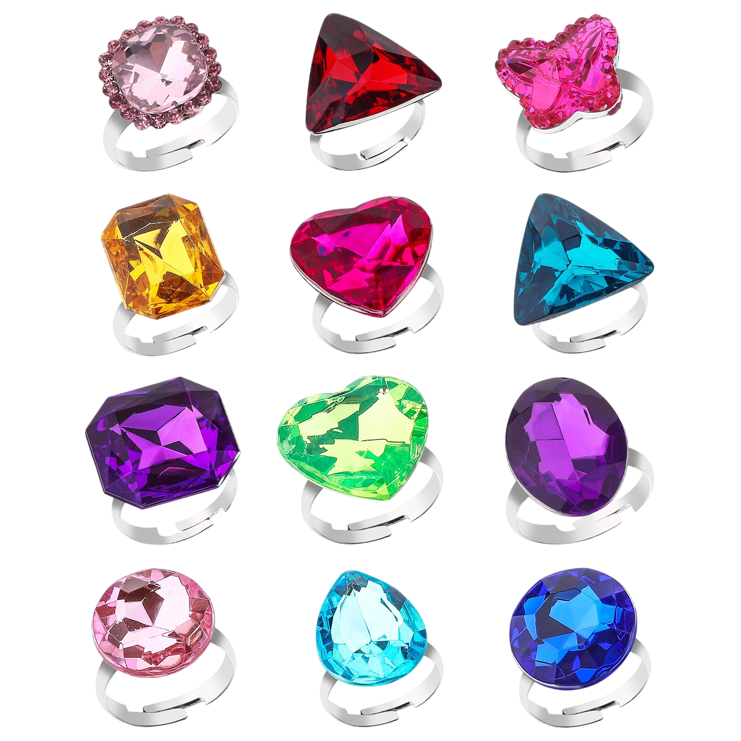 RICHNESS Adjustable Little Girl Jewel Rings Kids Gift Play Rings Multi Shapes Colorful Princess Pretend Jewel Rings Box Packed 12pcs …