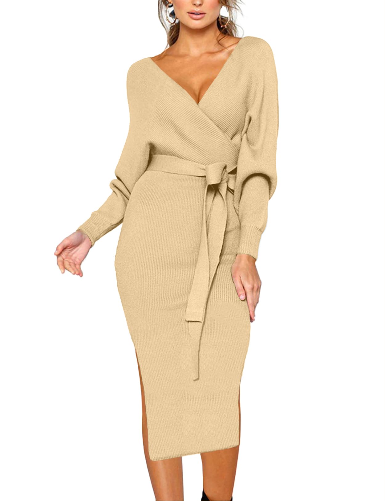 CHERFLY Womens V Neck Sweater Dresses Batwing Long Sleeve Backless Bodycon Long Dress with Belt(Wheat ApricotX-Large)