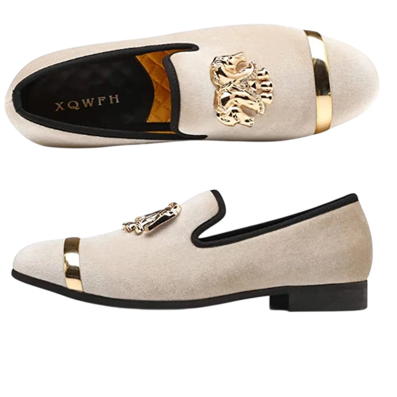 Men Party Dinner Formal Shoes Fashion Gentleman Wedding Dress Shoes For Men Casual Shoes Beige Velvet Loafers