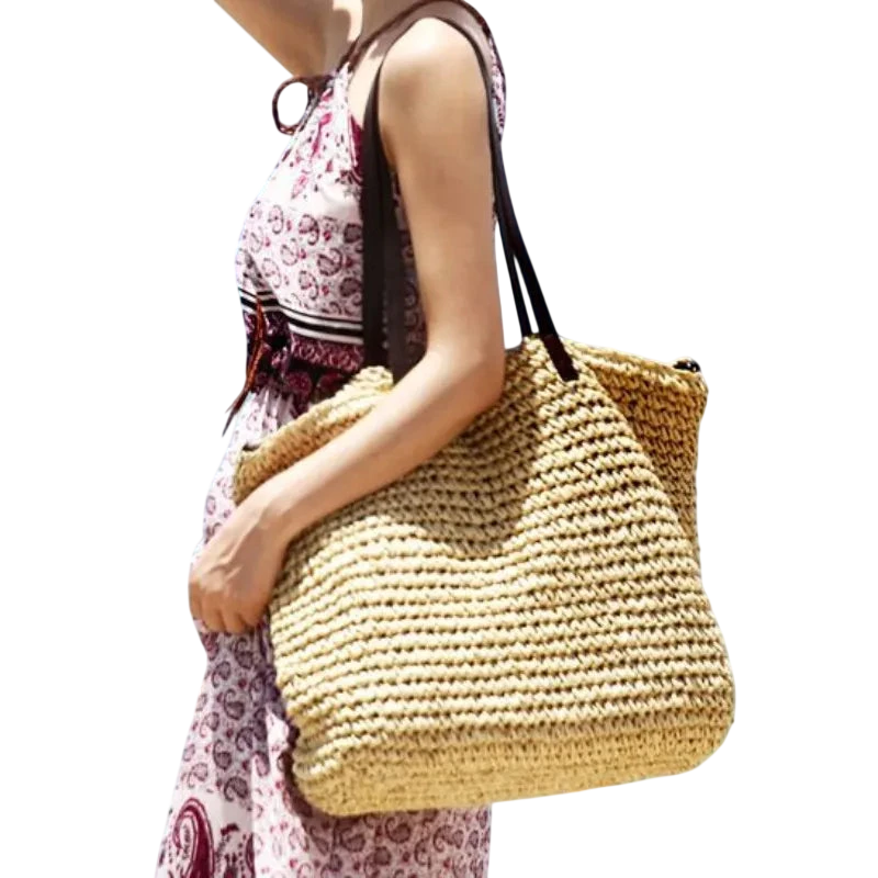 Women Handbag Summer Beach Bag Rattan Woven Handmade Knitted Straw Large Capacity Totes Leather Women Shoulder Bag Bohemia New