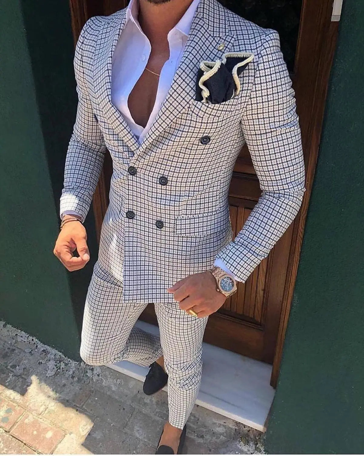 Men's Suit Brown Formal 2 Pieces Slim Fit Double breasted Plaid Soft Wool Tweed Prom Tuxedos Wedding Groomsmen (Blazer+Pants)