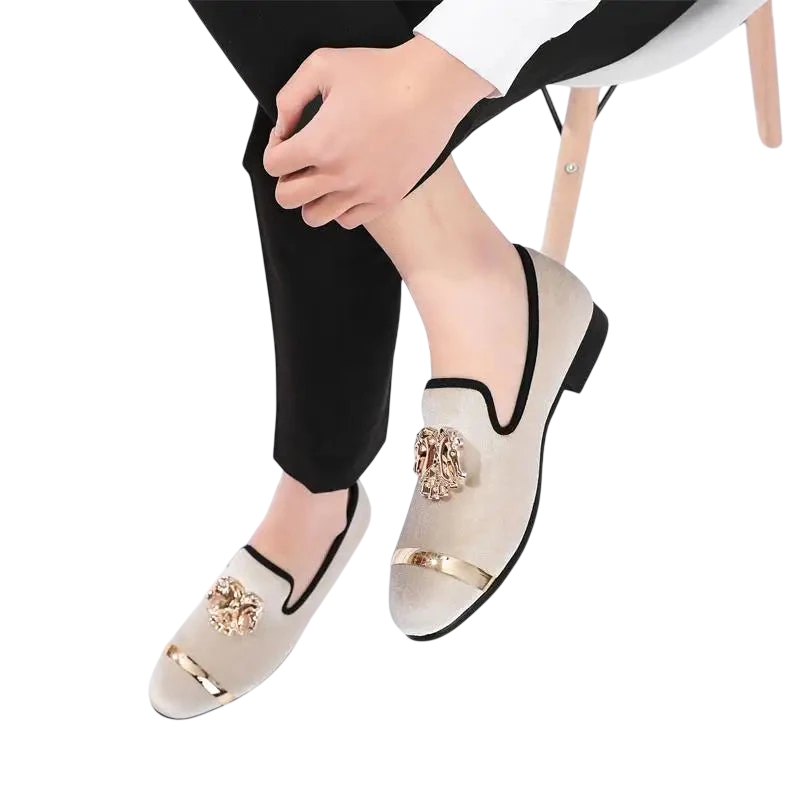 Men Party Dinner Formal Shoes Fashion Gentleman Wedding Dress Shoes For Men Casual Shoes Beige Velvet Loafers