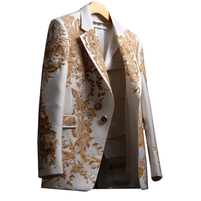 Fashion Wedding Mens Suit Gold Exquisite Embroider Business One Coat Tailor Made Groom Formal Occasions Size Customized