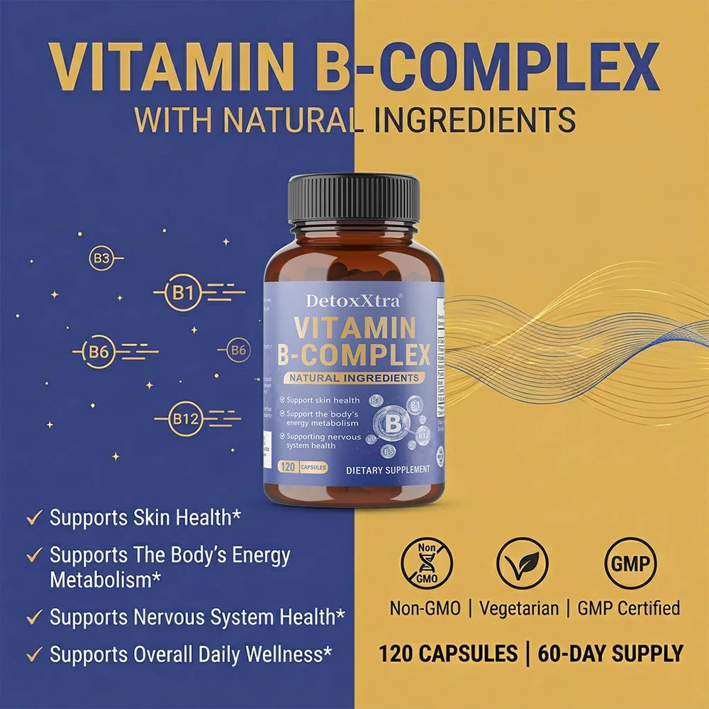 Vitamin B Complex Capsules, Relieve Stress, Energy Metabolism, Nervous System & Immune Wellness Support, Vegetable Capsules