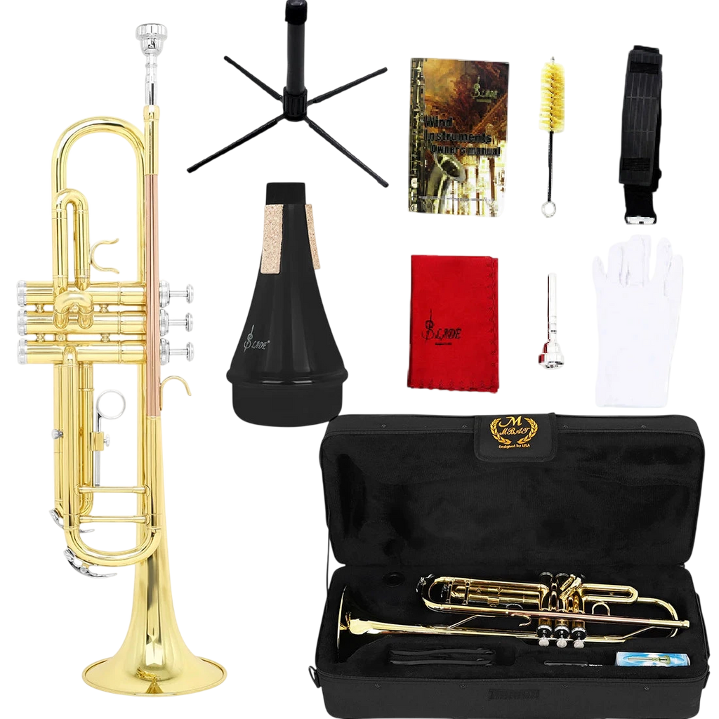 M Mbat Bb B Flat Trumpet Brass Gold Exquisite Durable Musical Instrument With Mouthpiece Bracket Weak Speaker Gloves Strap Case