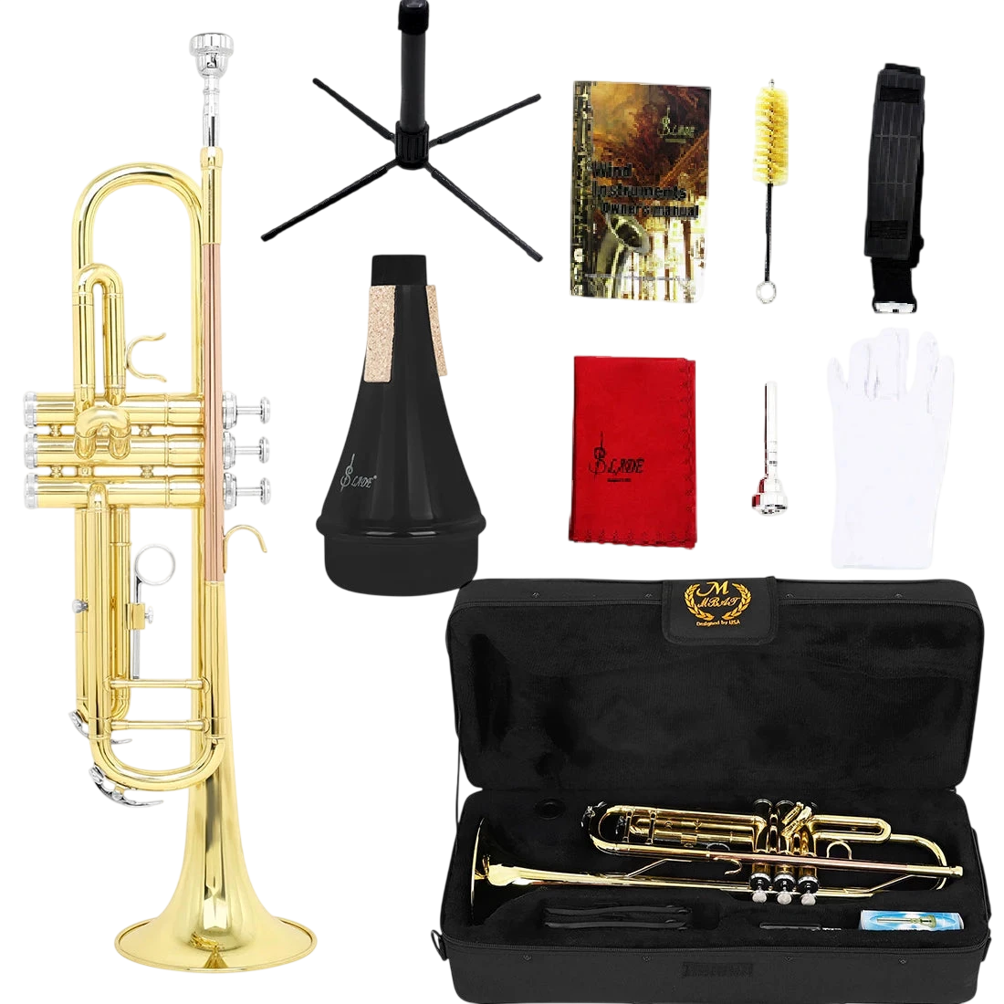 M Mbat Bb B Flat Trumpet Brass Gold Exquisite Durable Musical Instrument With Mouthpiece Bracket Weak Speaker Gloves Strap Case