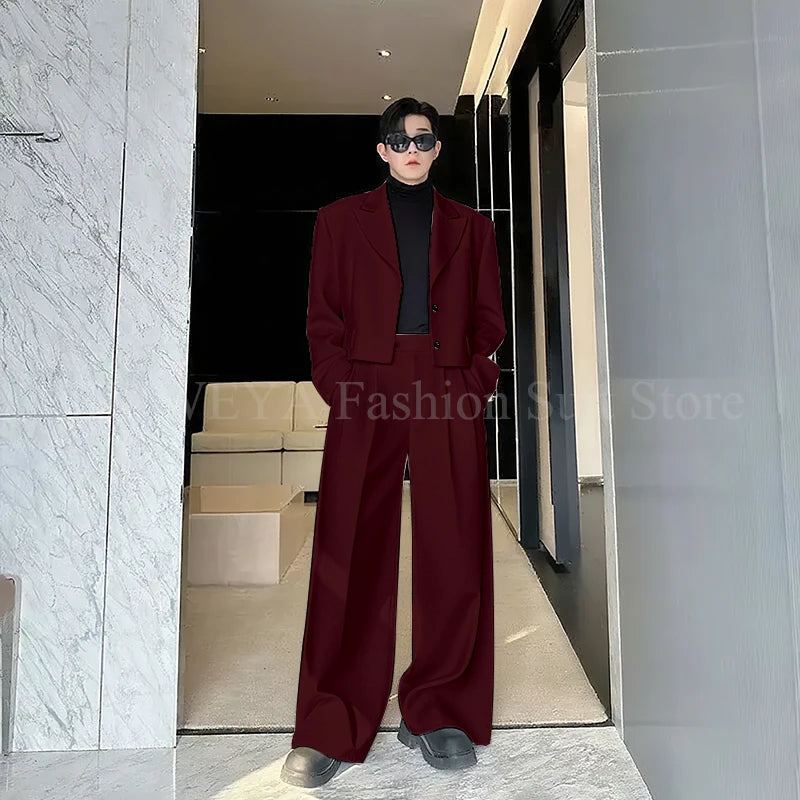 Casual Men's Suit 2 Piecs Short Jacket Pants Peak Lapel Loose Style Work Commute Social Party Fale Suits
