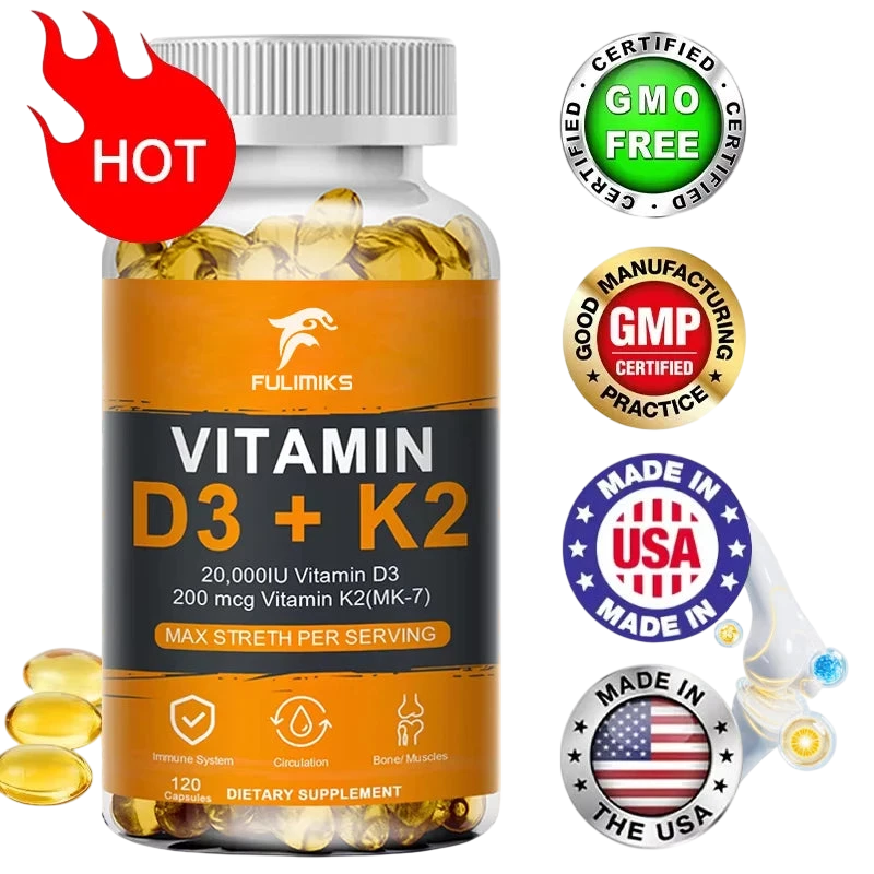 Vitamin D3 K2 Capsule 20 000 Iu Vitamin D3 Promotes Strong Bones Calcium Absorption Teeth Heart Cardiovascular Health