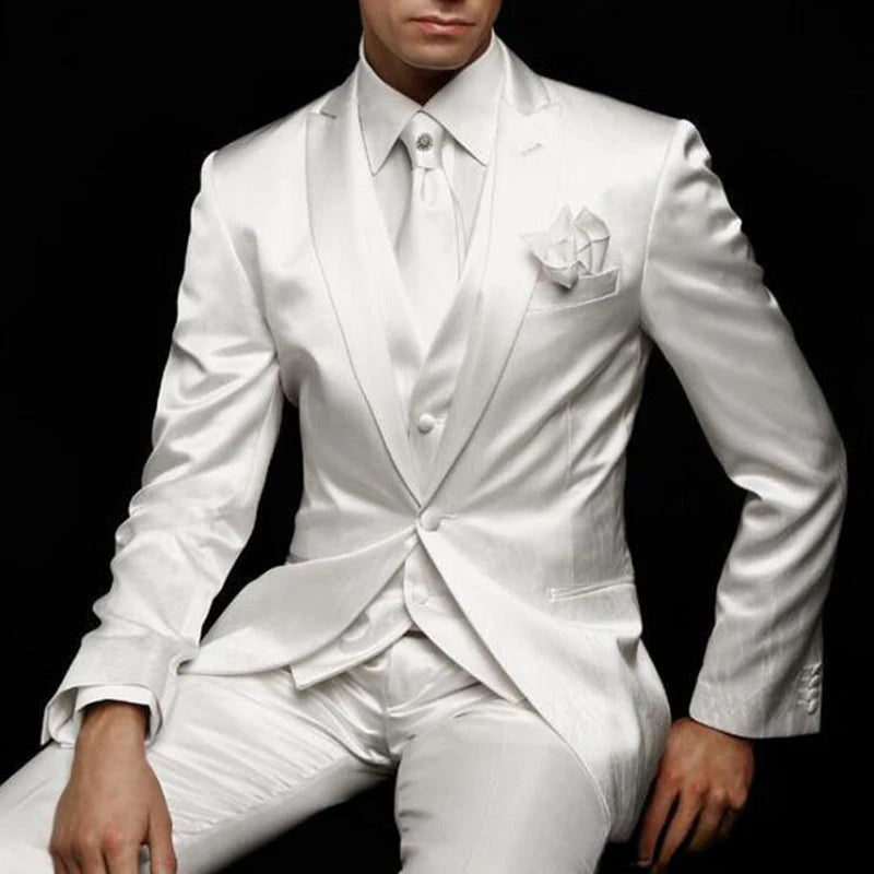 3 Piece White Satin Wedding Suits Groom Tuxedos Peaked Lapel Custom Made Handsome Business Party Male Suit ( Jacket+Pants+Vest)