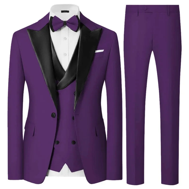 Luxury Men'sTuxedo 3-Piece SuitSatin Peak Lapel Blazer Waistcoat Pants, Elegant Formal Outfit for WeddingPromGala