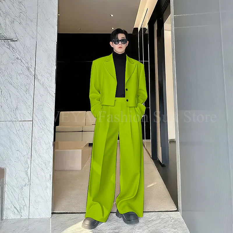 Casual Men's Suit 2 Piecs Short Jacket Pants Peak Lapel Loose Style Work Commute Social Party Fale Suits