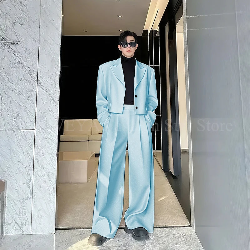 Casual Men's Suit 2 Piecs Short Jacket Pants Peak Lapel Loose Style Work Commute Social Party Fale Suits