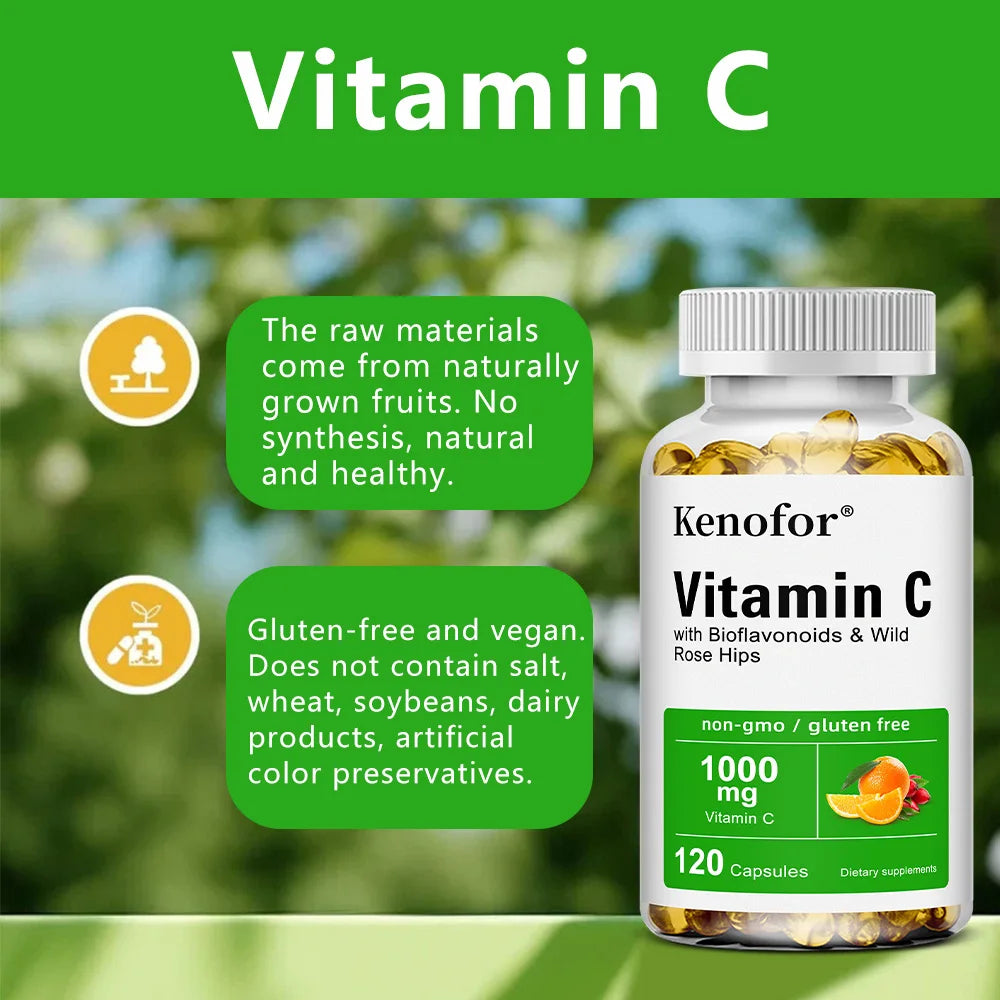 Vitamin C 1000mg - with Bioflavonoids & Wild Rose Hips,Supports Skin Health,Antioxidant,Immune System Health,120 Capsules