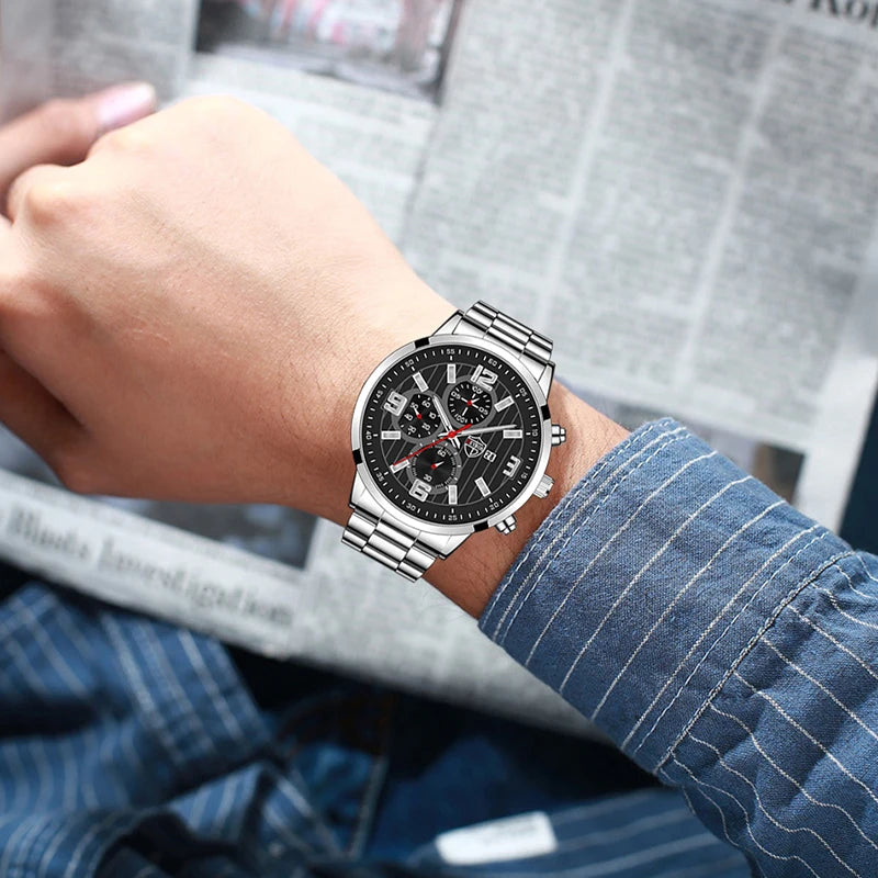 Men's Fashion Sports Watches for Men Business Stainless Steel Quartz Wristwatch Calendar Man Casual Leather Luminous Clock Watch
